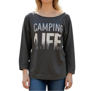 Gray Camping Life Hoodie with Distressed Text